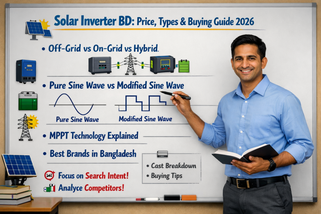 Solar Inverter BD সম্পর্কে সম্পূর্ণ গাইড — দাম, হাইব্রিড/অফগ্রিড/অনগ্রিড পার্থক্য, MPPT প্রযুক্তি ও সেরা ব্র্যান্ড। Master Solar BD থেকে জানুন কোন ইনভার্টার আপনার জন্য সঠিক। |