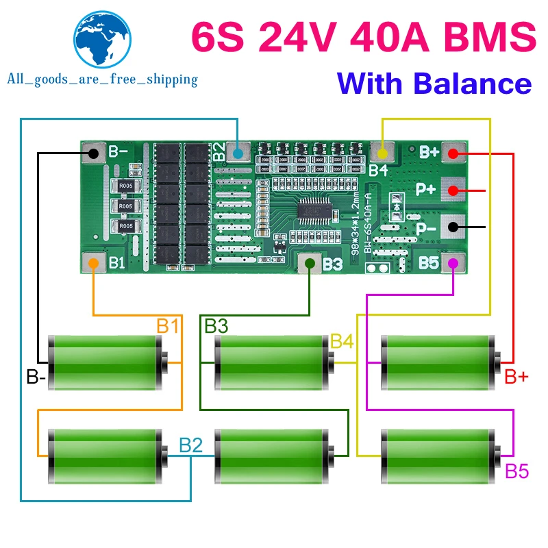 TZT 1/5PCS 24V 6S 40A BMS 18650 Li-Ion Lithium Battery Poretect Board Solar Lighting BMS PCB With Balance For Ebike Scooter