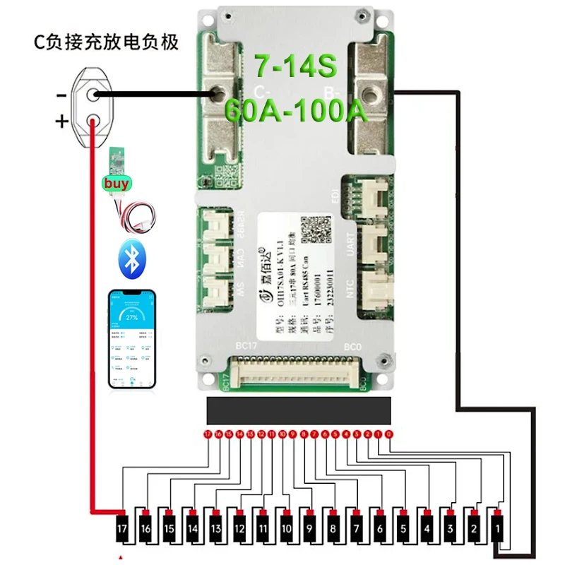 BMS JBD Smart BMS Lifepo4 16S 48V 100A 7S 8S 24V 36V 10S 12S BT BMS Li-ion With UART RS485 NTC For 18650 E-bike Lithium Battery - Image 3