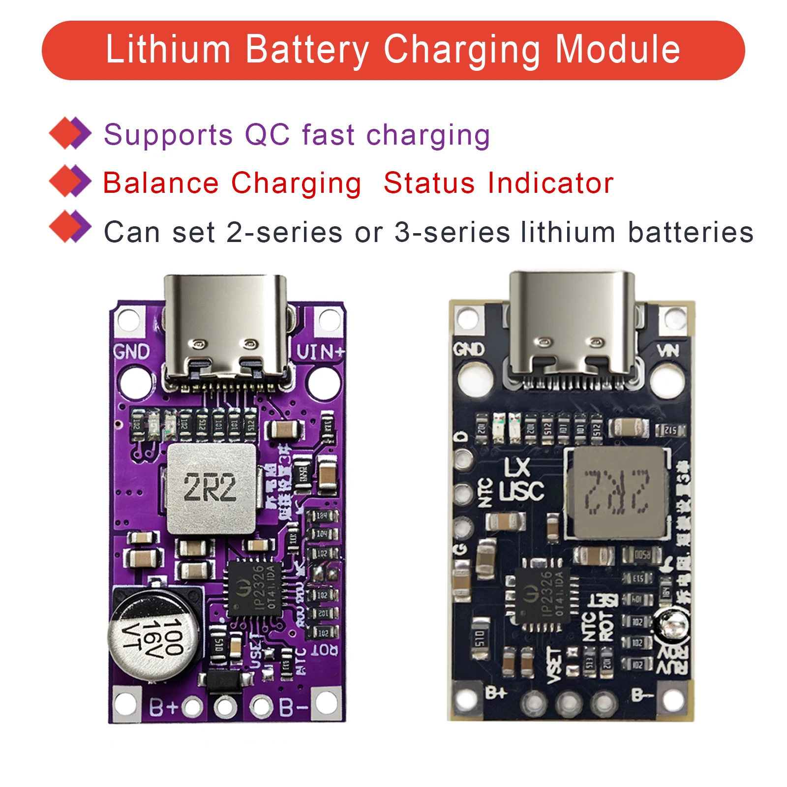 2S 3S Type-C USB BMS Charging Module 15W 8.4V 12.6V Lithium Battery Boost Board with Balanced Fast Charge QC for DIY Charger PCB