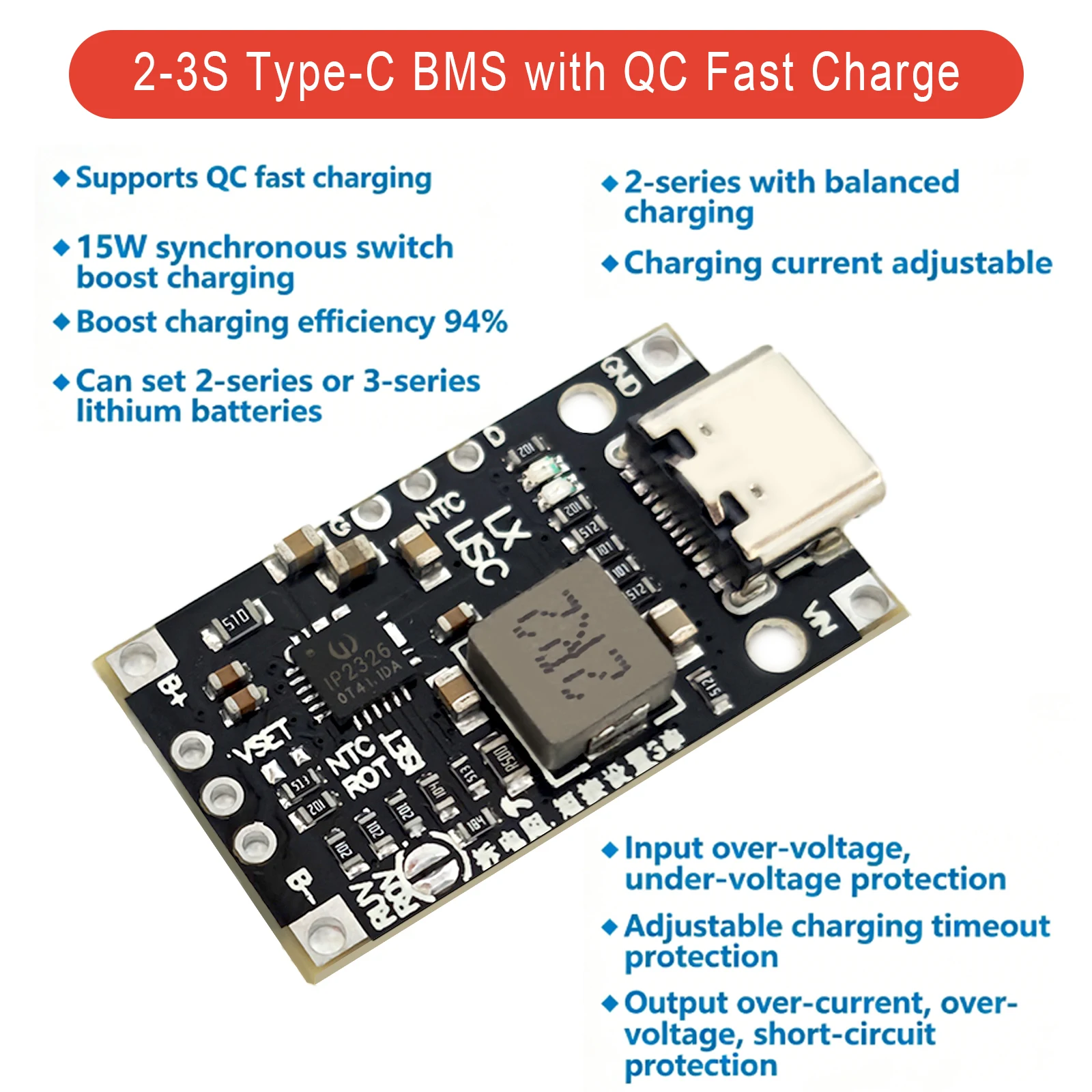 2S 3S Type-C USB BMS Charging Module 15W 8.4V 12.6V Lithium Battery Boost Board with Balanced Fast Charge QC for DIY Charger PCB - Image 2