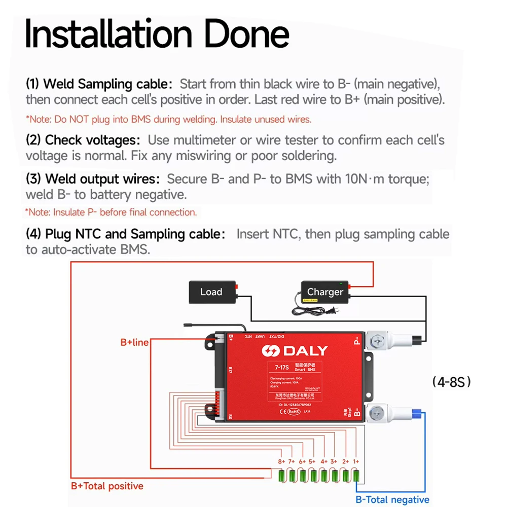 Daly Red Y Smart BMS 4-8S 7-17S 7-24S Automatically Identified 30A-200A Build-in BT UART Li-ion LiFePo4 LTO E-bike E-vehicle - Image 6