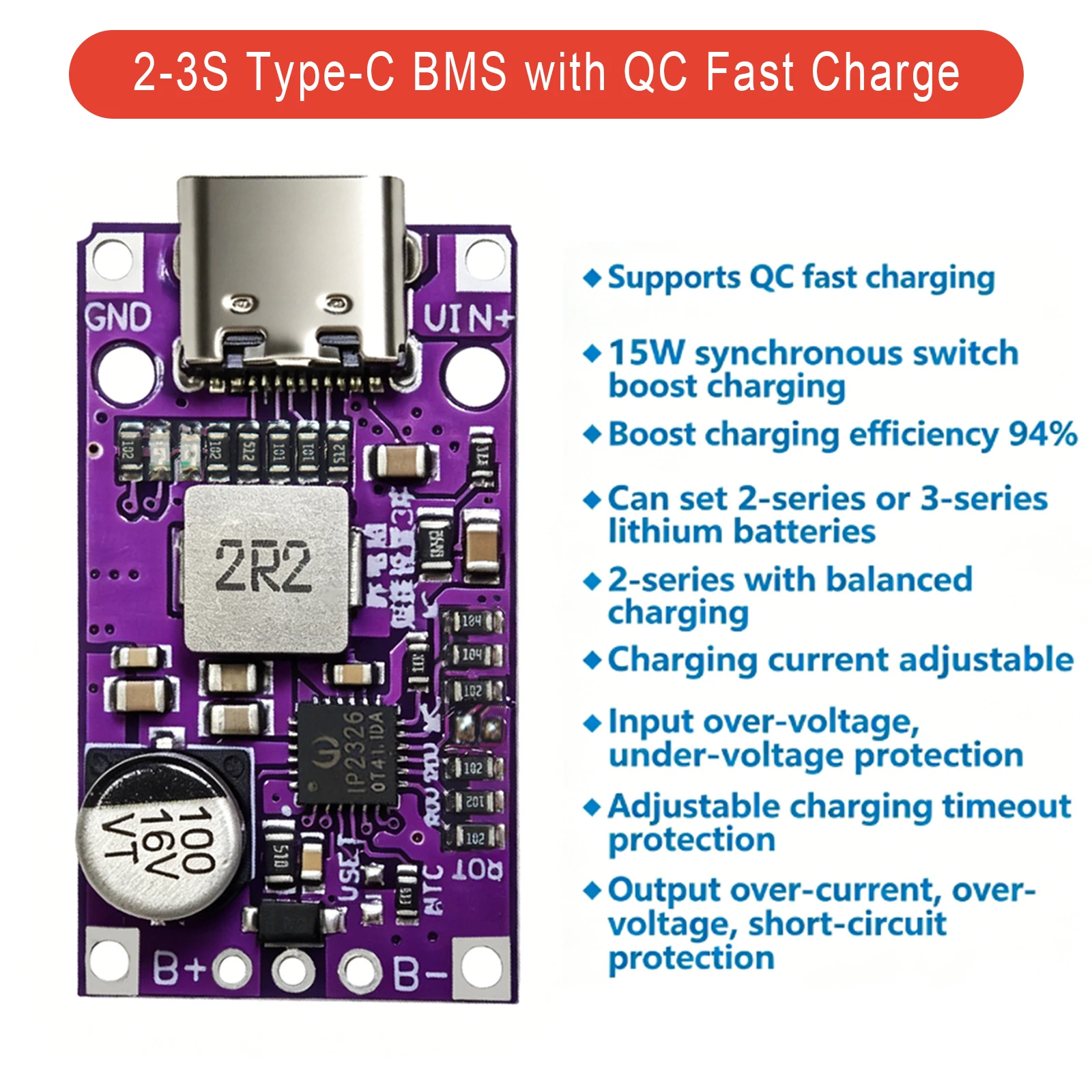 2S 3S Type-C USB BMS Charging Module 15W 8.4V 12.6V Lithium Battery Boost Board with Balanced Fast Charge QC for DIY Charger PCB - Image 5
