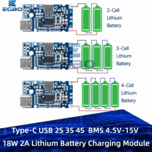 Type-C USB 2S 3S 4S BMS 4.5V-15V 18W 2A Lithium Battery Charging Module Support QC Fast Charge With Temperature Protection