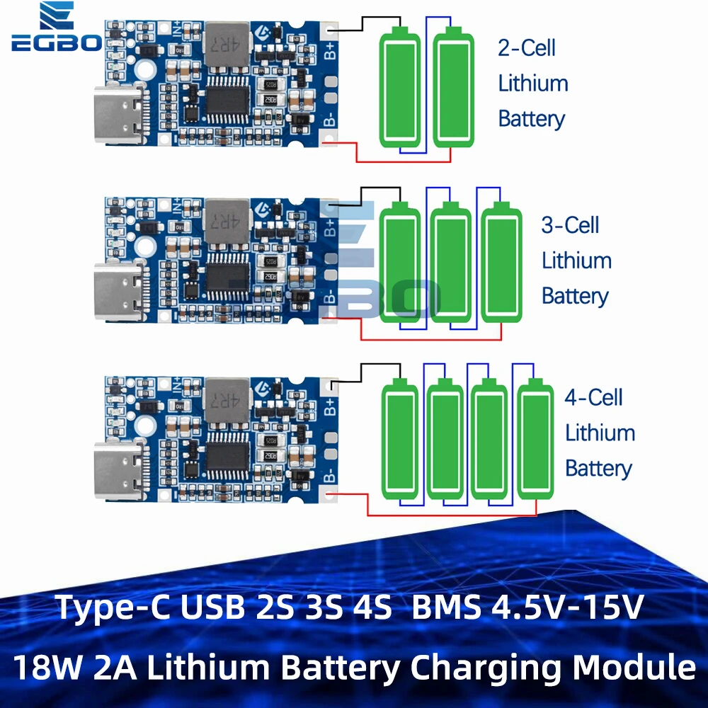 Type-C USB 2S 3S 4S BMS 4.5V-15V 18W 2A Lithium Battery Charging Module Support QC Fast Charge With Temperature Protection