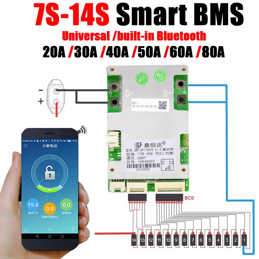 BMS JBD 13S 7S ~17S JBD Bluetooth Smart BMS 10S 12S 13S 14S 16S Lithium Battery Protection Board 24V 36V 48V 52V 60V Li-ion Lipo 20A 40A 60A
