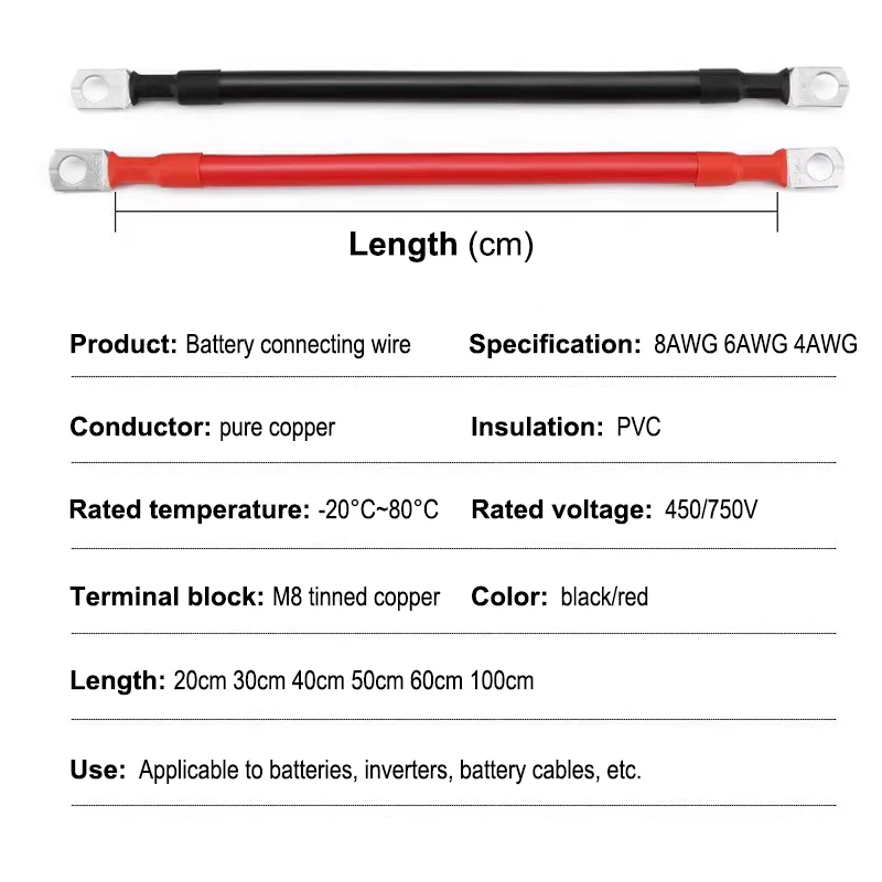 Battery Inverter Cable 20 ~ 100CM RV Pure Coppe Battery Inverter Cable Set 8 6 4AWG With M8 Lug PVC Insulated For Solar System UPS Car Connection Wire - Image 2
