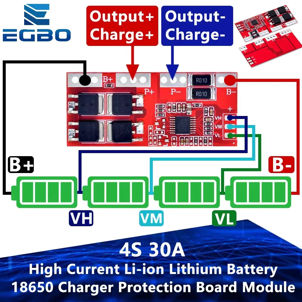 4S 30A BMS Module for 18650 Li-ion Batteries - High-Current Protection Board (14.4V/14.8V/16.8V) with Overcharge & Short Circuit