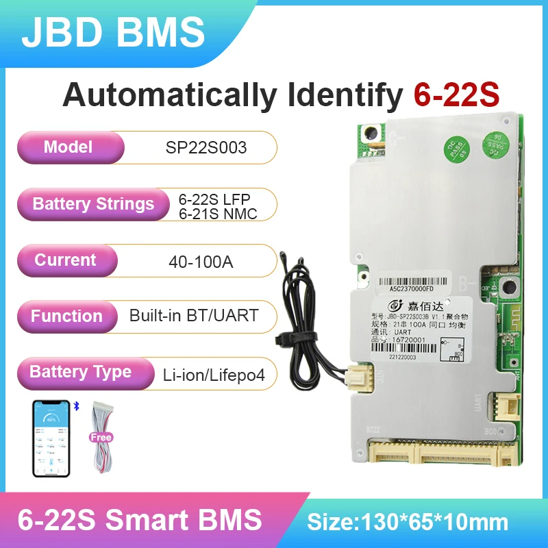 BMS JBD Smart Lifepo4 BMS 6S 8S 12S 13S 14S 16S 20S 21S 22S Uart Built-in BT 40A 100A 24V 36V 48V 60V For E-bike Li-ion Battery