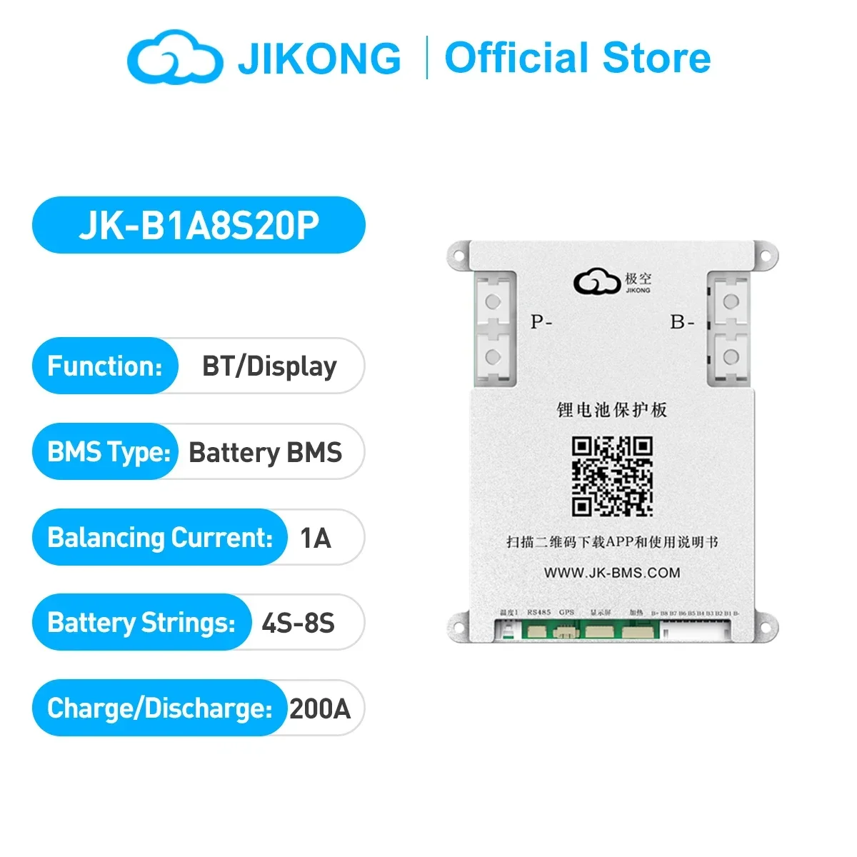JIKONG BMS JK-B1A8S20P 4S 5S 6S 7S 8S 12V 24V Active Smart Balance BMS 200A Lifepo4 Li-Ion Lto Battery Active Balancer 1A