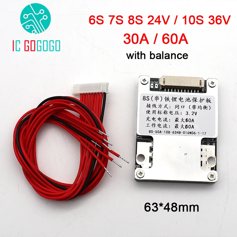 6S 7S Li-ion 8S Lifepo4 24V 10S 36V Lithium Battery Protection Board 25.2V 29.4V 30A 50A 60A Balance BMS Motor Energy Storage