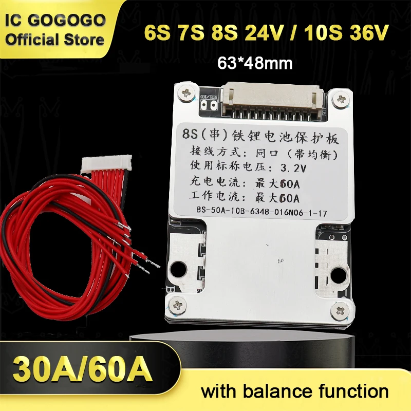 30A 60A 6S 7S Li-ion 8S Lifepo4 24V 10S 36V Lithium Battery Protection Board 25.2V 29.4V with Balance BMS Motor Energy Storage