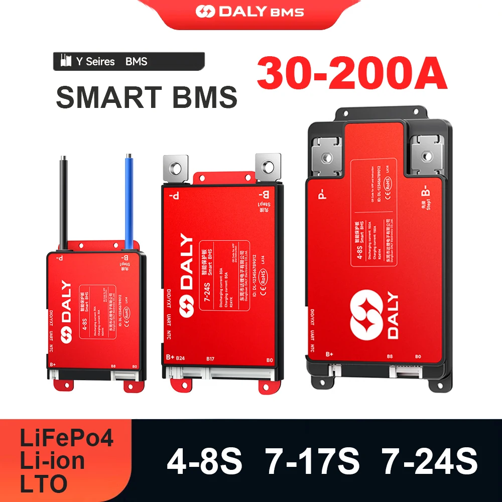 Daly Red Y Smart BMS 4-8S 7-17S 7-24S Automatically Identified 30A-200A Build-in BT UART Li-ion LiFePo4 LTO E-bike E-vehicle