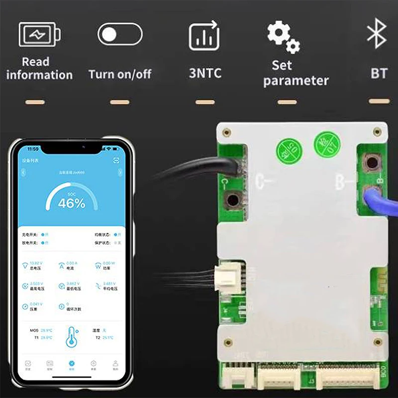 BMS JBD 13S 7S ~17S JBD Bluetooth Smart BMS 10S 12S 13S 14S 16S Lithium Battery Protection Board 24V 36V 48V 52V 60V Li-ion Lipo 20A 40A 60A - Image 6